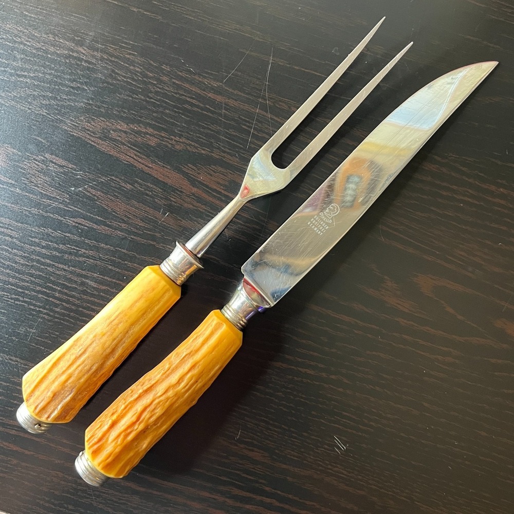 Vintage Othello Solingen Germany Carving Knife Fork Set 2 Stag Handle Rostfrei